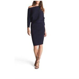 REISS Penny Ribbed Knit Navy Blue Off the shoulder Sweater Dress Size X-small